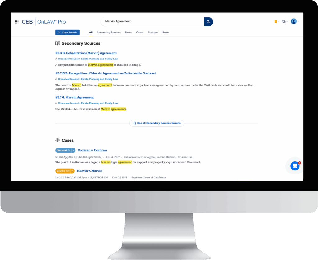 Screenshot of the CEB OnLAW Pro search results page showing highlighted references to “Marvin Agreement” in secondary sources and cases.