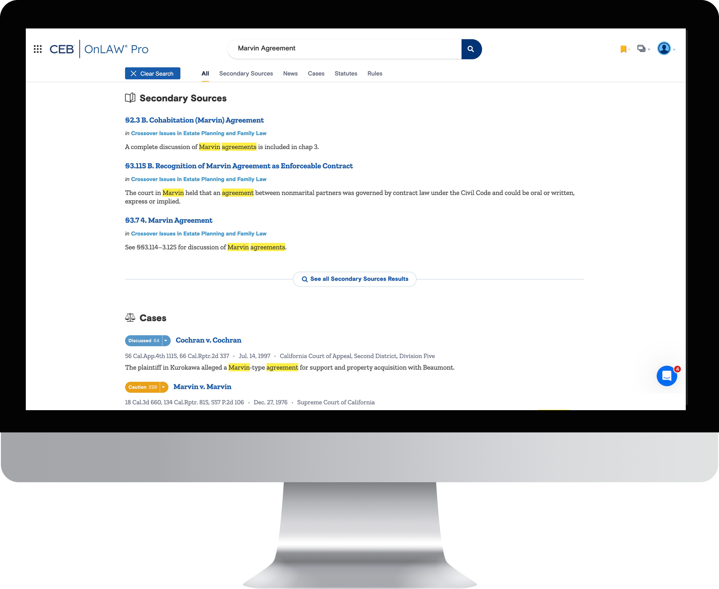 Screenshot of the CEB OnLAW Pro search results page showing highlighted references to “Marvin Agreement” in secondary sources and cases.