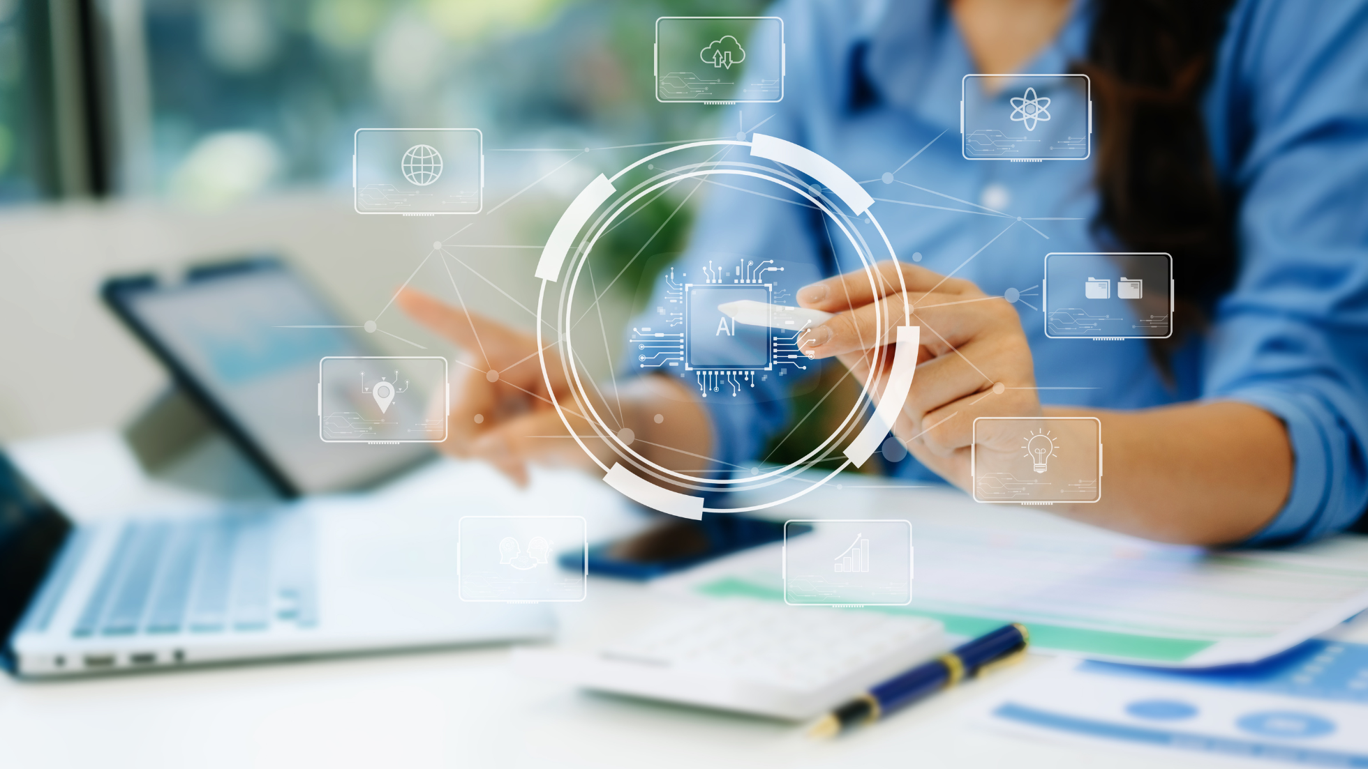 Woman using Artificial Intelligence for Legal Research and Writing on tablet and laptop