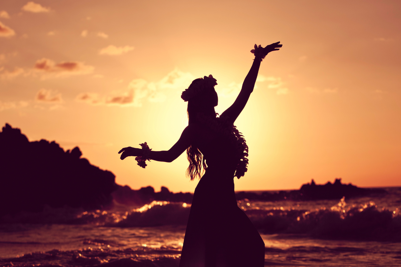 Hawaii dance performance on beach-side by Hawaiian dancer at sunset