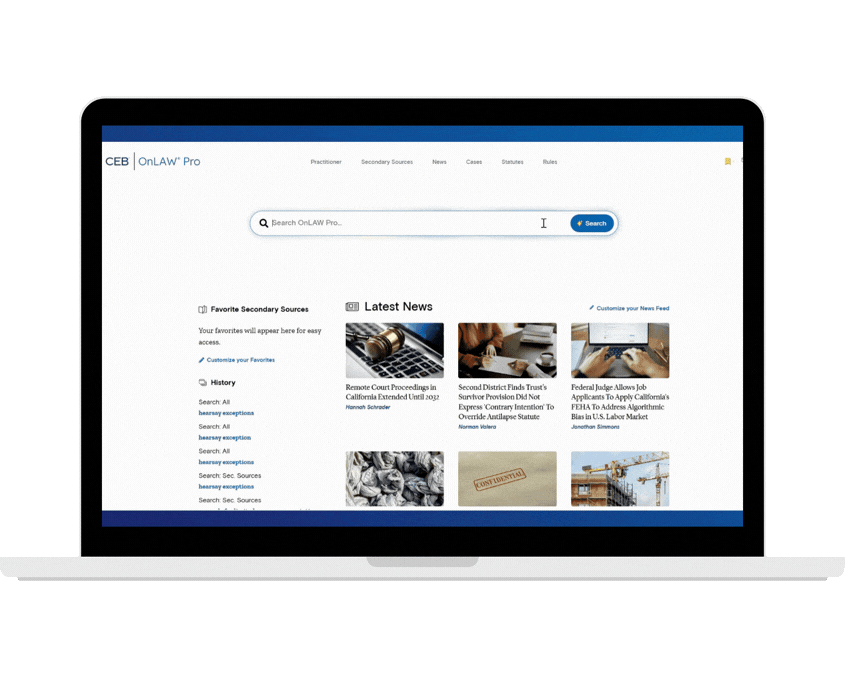 Gif animation of a CEB Insight search example using hearsay exemptions as the query.
