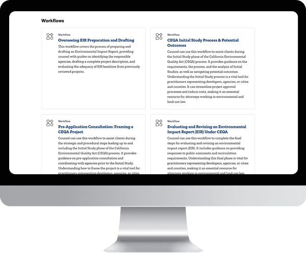 CEQA Workflows desktop display showing 4 New Practical Guidance Workflows Practical guidance from pre-application strategy through EIR evaluation and revision.